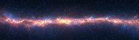 Panoramic view of glowing galactic center with vibrant pink and blue nebula clouds against starry dark space background, cosmic astronomy scene.