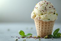 Creamy vanilla ice cream scoop in waffle cone garnished with crushed pistachios, mint leaves and pink peppercorns on light gray background with copy space.