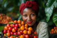 Young African woman in red headwrap smiling while holding fresh coffee cherries, surrounded by lush green coffee plants and colorful ripe coffee beans.