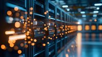Server racks in modern data center with glowing orange bokeh lights creating futuristic atmosphere. Network equipment in rows with reflection on glossy floor.