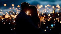 Romantic silhouette of couple embracing against blurred city lights and bokeh background creating magical evening atmosphere. Tender moment captured at dusk.