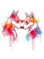 Two watercolor foxes touching noses with red heart between them, colorful paint splashes and drips on white background for romantic designs.