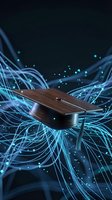 Modern wooden desk floating in digital energy field with glowing blue light streams and particles for technology workspace concepts.