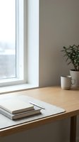 Minimalist workspace with stacked notebooks, pen, and potted plant on wooden desk by bright window with natural light.