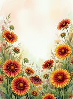 Watercolor gaillardia blanket flowers in red and yellow bloom around a soft pastel copy space, perfect for cards and posters.