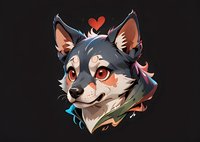 Cute cartoon wolf head with red heart floating above. Stylized anime-inspired character design features gray fur, red eyes and gentle expression on dark background.
