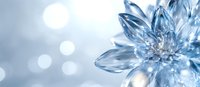 Translucent crystal flower with delicate petals on soft blue bokeh background, elegant winter design element with sparkling reflections and dreamy atmosphere.