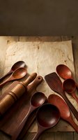 Wooden kitchen utensils and spoons arranged on aged parchment paper over rustic wood table background for culinary design projects.