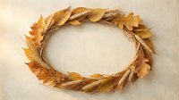 Golden wheat wreath with autumn leaves on neutral background for harvest decorations, thanksgiving crafts, and seasonal design projects.