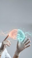 Two hands in white medical gloves holding glowing digital brain with orange and turquoise hemispheres, neural connections and data particles for healthcare, neurology, and medical technology concepts.