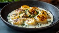 Pan-seared sea scallops in creamy garlic sauce garnished with fresh herbs and black pepper, served in dark ceramic plate against blurred background.