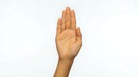 Human hand raised in stop gesture showing palm on white background isolated for design and communication concepts.