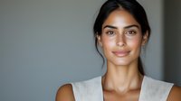 Young South Asian woman with natural makeup and pulled back dark hair wearing sleeveless white top, looking at camera with confident smile against neutral background.