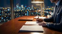 Professional businessman reviewing documents at wooden desk with city lights background during evening work session in modern office environment.