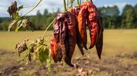 Dried red chili peppers hanging on plant branch against blurred agricultural field background, showcasing natural food preservation process and harvest season.