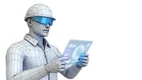 Futuristic wireframe engineer with augmented reality glasses analyzing holographic data on digital tablet for technology and innovation projects.