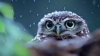 Curious owl peering over branch during light snowfall, close up portrait showing bright yellow eyes and detailed feathers against blurred winter background.