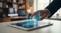 Business professional analyzing financial data with holographic charts on tablet in modern office environment for corporate presentations and reports.