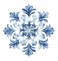 Elegant blue and white floral snowflake pattern with symmetrical feathery petals on white background, suitable for winter holiday designs.