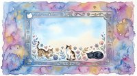 Watercolor card with decorative silver frame, three cute cats, flowers, and pastel galaxy background, copy space for text or greeting design.