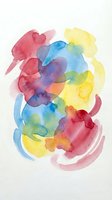 Abstract watercolor painting with vibrant rainbow colors blending organically on white paper creating artistic fluid shapes and textures.