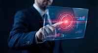 Businessman touching futuristic holographic interface with red target and data analytics charts on transparent digital screen for business technology.