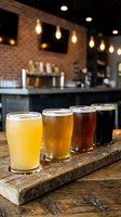 Beer flight tasting selection displayed on wooden board in craft brewery taproom with brick wall, pendant lights, and bar counter in background.