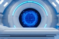 Futuristic circular portal with glowing blue neon lights and digital grid pattern in white sci-fi corridor interior, technology concept background.