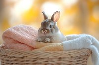 Adorable dwarf rabbit resting in wicker basket with soft pastel towels against warm autumn bokeh background, creating cozy and gentle atmosphere for pet care concept.