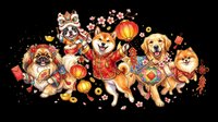 Cute dogs celebrating Chinese New Year with traditional decorations, lanterns, and festive elements, isolated on transparent background. Ready for t-shirts, stickers, clipart, print-on-demand, and sublimation designs.