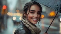 Young Hispanic woman with bright smile wearing knit scarf under umbrella on rainy evening street with blurred bokeh city lights in background creating cozy autumn atmosphere.
