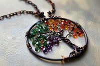 Handcrafted tree of life pendant necklace with colorful gemstone beads on copper wire frame representing seasons and spiritual growth on chain.