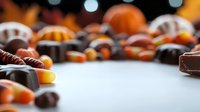 Scattered Halloween candy and chocolate pieces on white surface with orange and brown colors creating festive autumn mood, selective focus with bokeh background.