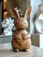 Wooden rabbit figurine holding heart on table in modern home interior for Easter decoration and spring seasonal display.