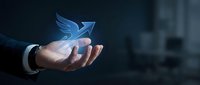 Businessman hand holding glowing blue dove symbol representing peace, freedom, and hope in corporate environment for business solutions.