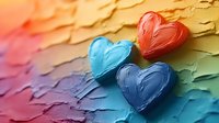 Colorful hearts on textured rainbow background with thick paint strokes. Romantic artistic composition shows red, blue and turquoise love symbols. Suitable for valentines designs.