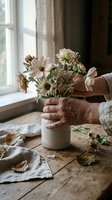 Elderly hands arranging delicate wildflowers in ceramic vase on rustic wooden table by window creating peaceful home decor moment.