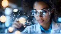 Young African American female scientist in lab coat and safety glasses examining holographic data visualization with glowing network connections in dark laboratory.