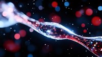 Glowing DNA strand with red and blue bokeh lights on dark background illustrates genetic research and biotechnology advancement in medical science.