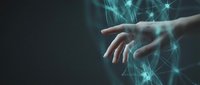 Human hand reaching toward glowing digital network connections with bright light rays and technological interface elements on dark background.