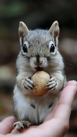 Close-up portrait of adorable gray squirrel holding nut in tiny paws while sitting on human palm, looking at camera with big eyes against blurred background.