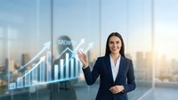Professional businesswoman presenting growth chart with upward arrow in modern office environment for corporate success presentations.