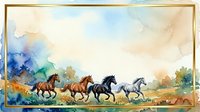 Watercolor painting of four horses running across countryside landscape with golden frame border and soft natural background.