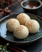 Golden sesame seed balls on dark ceramic plate with tea cup in background, traditional Asian dessert dumpling snack food.