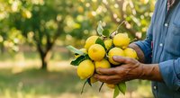Farmer holding fresh yellow lemons in hands at orchard during harvest season with blurred green trees in background.