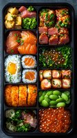 Japanese bento box with assorted sushi, sashimi, salmon roe and traditional dishes in black compartmented container for meal delivery service.