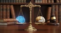 Golden scales of justice balancing glowing digital brain and human brain in law library representing AI versus human intelligence in legal system.