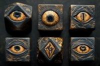 Ancient mystical eye symbols carved in weathered stone blocks with golden amber irises and intricate geometric patterns for fantasy gaming dice set.