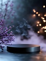 Black round platform with rising smoke against purple floral background and golden bokeh lights creates mystical atmosphere for product display presentation.