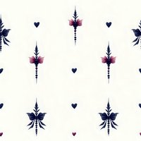 Delicate floral pattern with navy blue bows and pink accents arranged in symmetrical rows with small hearts, creating seamless repeat for fabric and wallpaper designs.